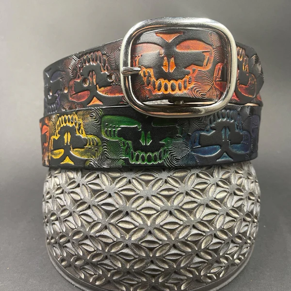 LeatherBelt-GratefulRepetingLARGEStealie-tiedye Lost Sailor Leather-Belt-Grateful LARGE Stealie-Tie-Dye